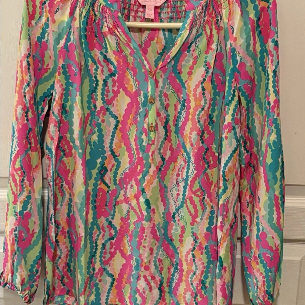 Lilly Pulitzer Pink and Green Graphic 3/4 Sleeve Blouse
